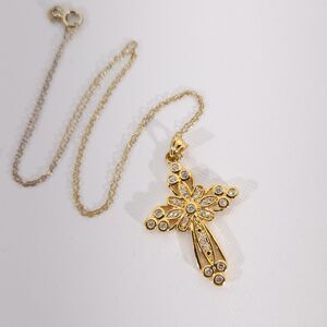 Simulated Diamonds Gold Plated Cross Pendant and Italian Chain Necklace